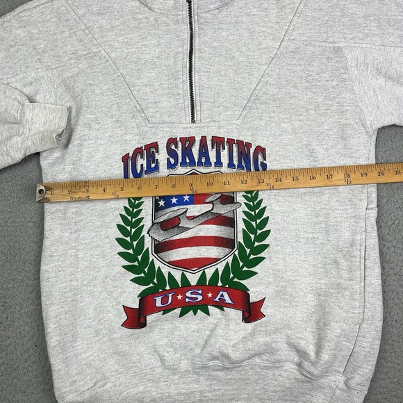 Vintage USA Ice Skating 1/4 Zip Sweater Grey Sweatshirt Pockets Size Medium - Picture 11 of 12